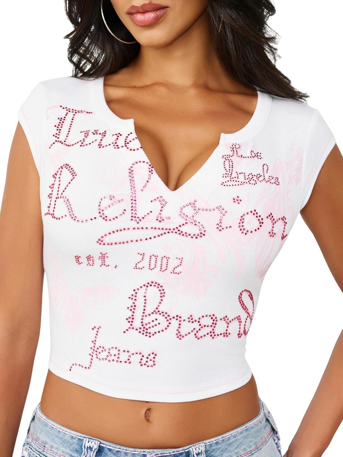 imageTrue Religion Womens V Notch Rib Tee Cropped Ribbed Top VNotch NecklineOptic White