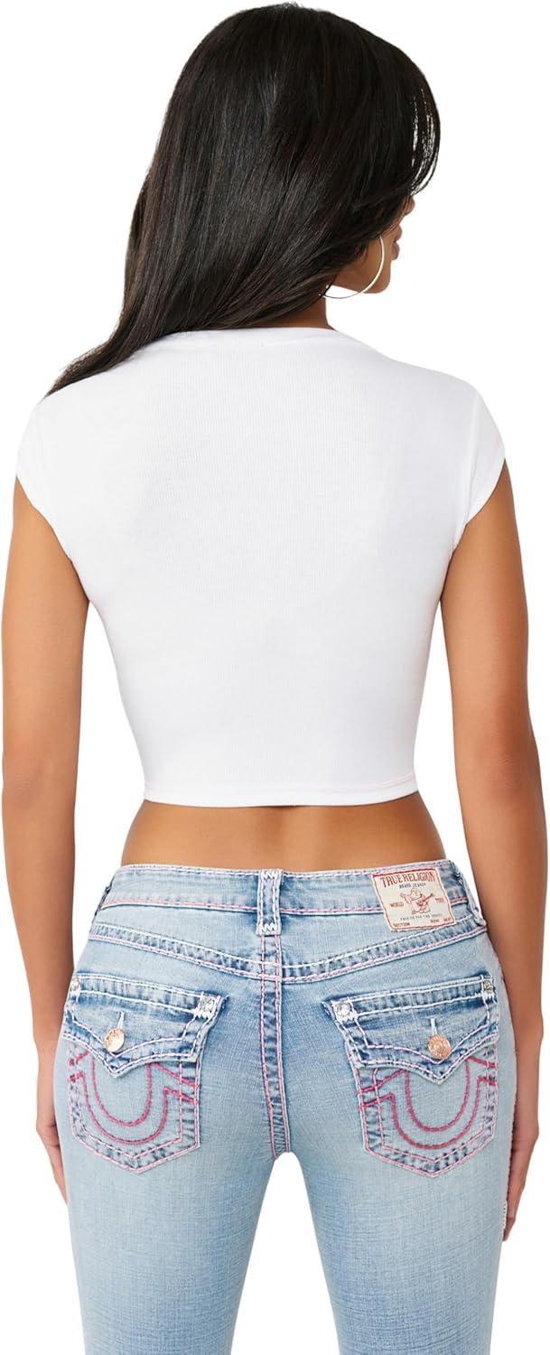 imageTrue Religion Womens V Notch Rib Tee Cropped Ribbed Top VNotch NecklineOptic White