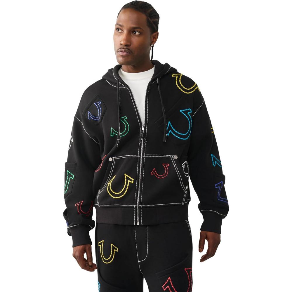imageTrue Religion Mens Super T Boxy Zip Hoodie  Split Kangaroo Pockets