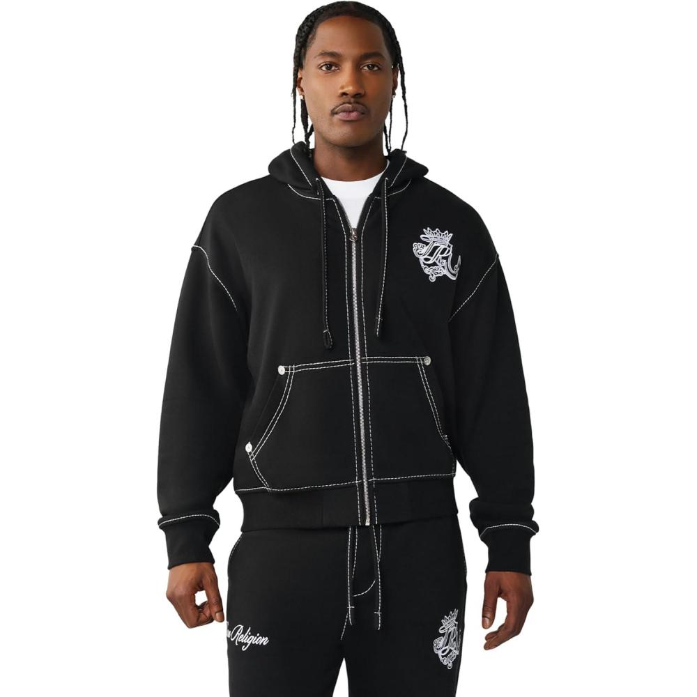 imageTrue Religion Mens TR Crest Big T Boxy Zip Up  Cotton Blend Hooded Zip Design