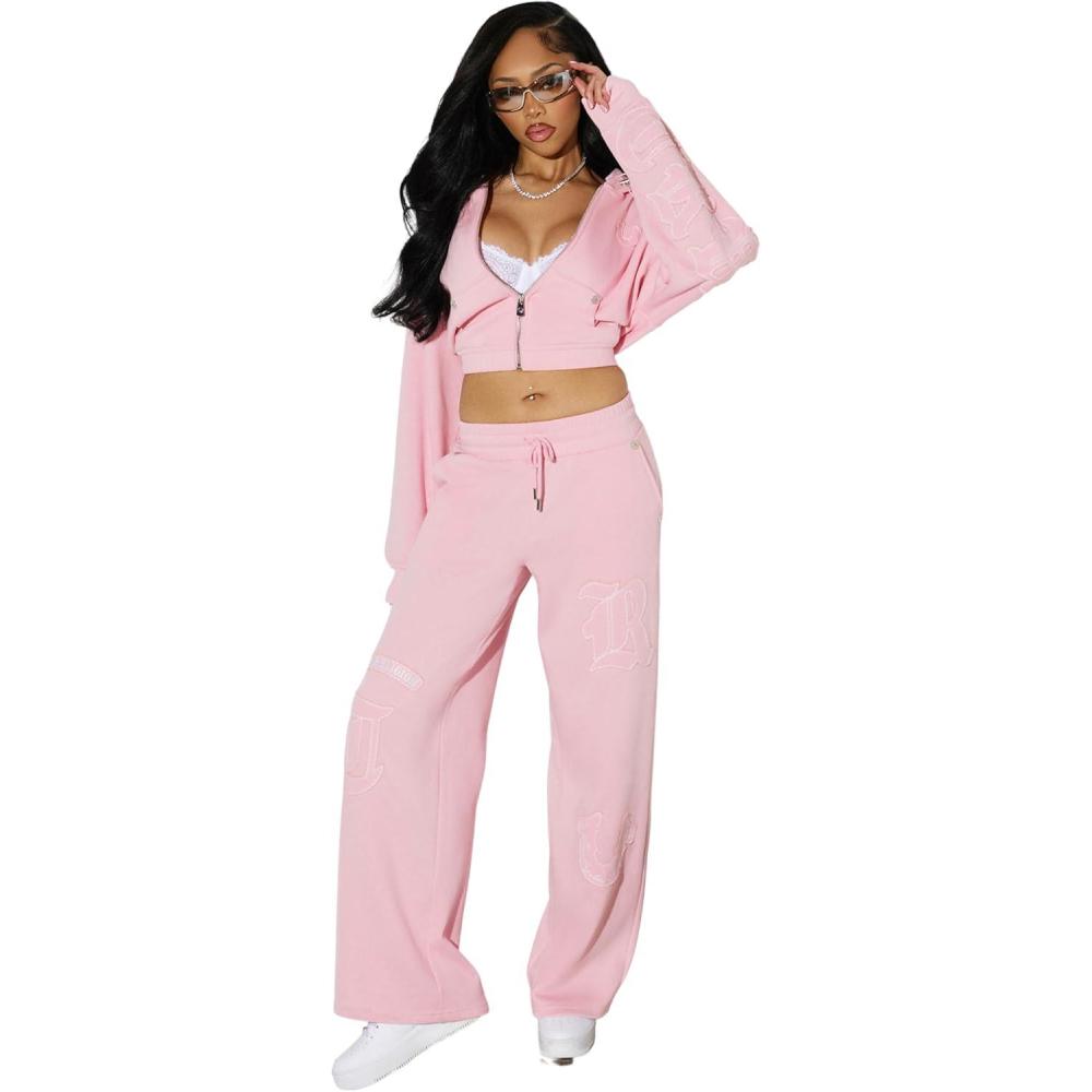 imageTrue Religion Womens Branded Applique Wide Leg Pant Cozy Cotton Blend Lounge SweatpantsFairytale