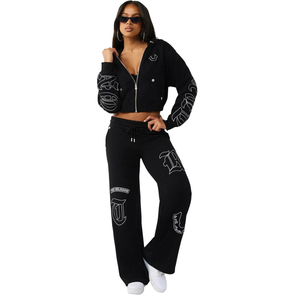 imageTrue Religion Womens Branded Applique Wide Leg Pant Cozy Cotton Blend Lounge SweatpantsJet Black