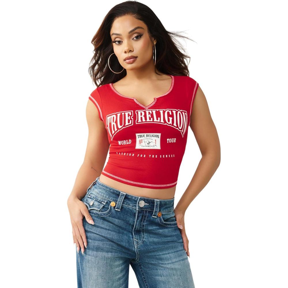 imageTrue Religion Womens Buddha V Notch Baby Tee Cropped Ribbed Knit Top with Puff Print Logo amp Cap SleevesSalsa