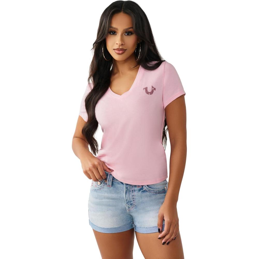 imageTrue Religion Womens Crystal Sporty VNeck Tee Short Sleeve Cotton Blend TShirt with Rhinestone Logo DesignFairytale