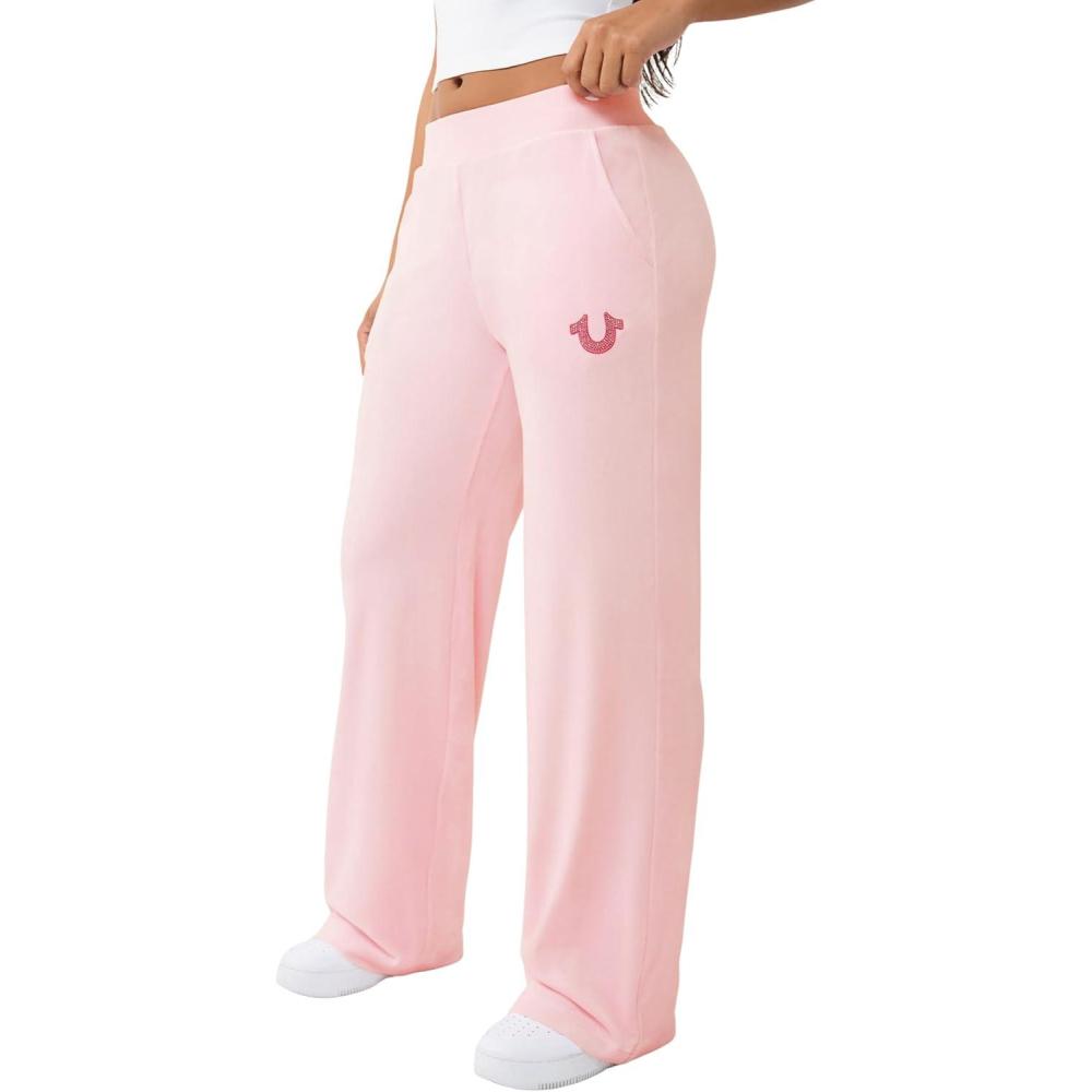imageTrue Religion Womens Crystal Straight Leg Sweat Pant Soft Velour HighRise Fit Rhinestone Logo DetailsFairytale