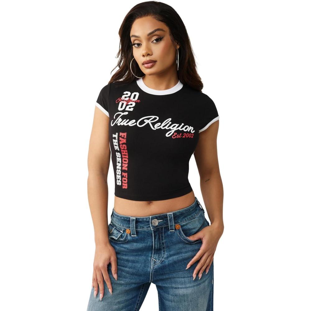 imageTrue Religion Womens Sporty Contrasted Cap Sleeve Top Fitted Cotton TeeJet Black