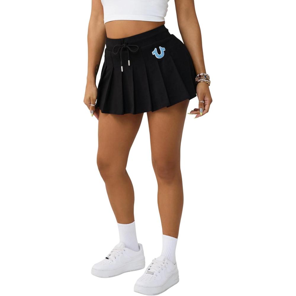 imageTrue Religion Womens Vintage Pleated Mini Skirt MidRise Waist RawCut Hem Pleated Detailing Jet Black Small
