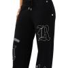 True Religion Women’s Branded Applique Wide Leg Pant – Cozy Cotton Blend Lounge Sweatpants(Jet Black)