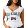 True Religion Women’s Buddha V Notch Baby Tee – Cropped Ribbed Knit Top with Puff Print Logo & Cap Sleeves(Optic White)