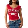 True Religion Women’s Buddha V Notch Baby Tee – Cropped Ribbed Knit Top with Puff Print Logo & Cap Sleeves(Salsa)