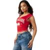 True Religion Women’s Buddha V Notch Baby Tee – Cropped Ribbed Knit Top with Puff Print Logo & Cap Sleeves(Salsa)