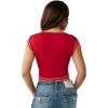 True Religion Women’s Buddha V Notch Baby Tee – Cropped Ribbed Knit Top with Puff Print Logo & Cap Sleeves(Salsa)