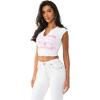 True Religion Women’s Buddha V Notch Baby Tee – Ribbed Knit Cropped Top with Puff Print Logo & Contrast Stitching(White)