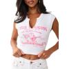 True Religion Women’s Buddha V Notch Baby Tee – Ribbed Knit Cropped Top with Puff Print Logo & Contrast Stitching(White)