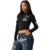 True Religion Women’s Crystal Contrast Stitch Long Sleeve Baby Tee – Rhinestone Logo, Slim Fit, Crew Neck Cotton Blend Top(Jet Black)
