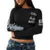 True Religion Women’s Crystal Contrast Stitch Long Sleeve Baby Tee – Rhinestone Logo, Slim Fit, Crew Neck Cotton Blend Top(Jet Black)