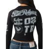 True Religion Women’s Crystal Contrast Stitch Long Sleeve Baby Tee – Rhinestone Logo, Slim Fit, Crew Neck Cotton Blend Top(Jet Black)