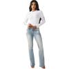 True Religion Women’s Crystal Contrast Stitch Long Sleeve Baby Tee – Rhinestone Logo, Slim Fit, Crew Neck Cotton Blend Top(White/Pink)