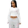 True Religion Women’s Crystal Contrast Stitch Long Sleeve Baby Tee – Rhinestone Logo, Slim Fit, Crew Neck Cotton Blend Top(White/Pink)