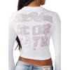 True Religion Women’s Crystal Contrast Stitch Long Sleeve Baby Tee – Rhinestone Logo, Slim Fit, Crew Neck Cotton Blend Top(White/Pink)