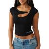 True Religion Women’s Crystal HS Cut Out Rib SS Top – Soft Rib Knit, Cutout Accent, Premium Stretch Comfort(Jet Black)