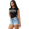 True Religion Women’s Crystal Side Ruch Short Sleeve Baby Top – Cropped Ruched Tee(Jet Black)