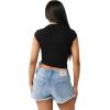 True Religion Women’s Crystal Side Ruch Short Sleeve Baby Top – Cropped Ruched Tee(Jet Black)