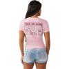 True Religion Women’s Crystal Sporty V-Neck Tee – Short Sleeve Cotton Blend T-Shirt with Rhinestone Logo Design(Fairytale)
