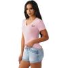 True Religion Women’s Crystal Sporty V-Neck Tee – Short Sleeve Cotton Blend T-Shirt with Rhinestone Logo Design(Fairytale)