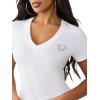 True Religion Women’s Crystal Sporty V-Neck Tee – Short Sleeve Cotton Blend T-Shirt with Rhinestone Logo Design(Optic White)