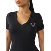 True Religion Women’s Crystal V Neck Logo Tee – Rhinestone Logo, Short Sleeves(Jet Black)