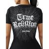 True Religion Women’s Crystal V Neck Logo Tee – Rhinestone Logo, Short Sleeves(Jet Black)