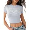 True Religion Women’s Heritage Logo Baby Tee – Cropped Fit, Crew Neck, Faded World Tour Buddha Logo(Cashmere Blue)