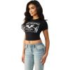 True Religion Women’s Heritage Logo Baby Tee – Cropped Fit, Crew Neck, Faded World Tour Buddha Logo(Jet Black)