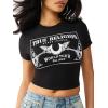 True Religion Women’s Heritage Logo Baby Tee – Cropped Fit, Crew Neck, Faded World Tour Buddha Logo(Jet Black)