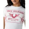 True Religion Women’s Heritage Logo Baby Tee – Cropped Fit, Crew Neck, Faded World Tour Buddha Logo(Optic White)