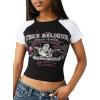 True Religion Women’s Raglan Baby Tee – Slim Fit Stretch Cotton Crewneck, Contrast Sleeves, Horseshoe Graphic T-Shirt(Black / White)