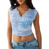 True Religion Women’s V Notch Rib Tee – Cropped Ribbed Top, V-Notch Neckline(Endless Sky)