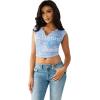 True Religion Women’s V Notch Rib Tee – Cropped Ribbed Top, V-Notch Neckline(Endless Sky)