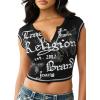 True Religion Women’s V Notch Rib Tee – Cropped Ribbed Top, V-Notch Neckline(Jet Black)
