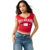 True Religion Women’s Buddha V Notch Baby Tee – Cropped Ribbed Knit Top with Puff Print Logo & Cap Sleeves(Salsa)