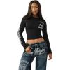 True Religion Women’s Crystal Contrast Stitch Long Sleeve Baby Tee – Rhinestone Logo, Slim Fit, Crew Neck Cotton Blend Top(Jet Black)