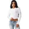 True Religion Women’s Crystal Contrast Stitch Long Sleeve Baby Tee – Rhinestone Logo, Slim Fit, Crew Neck Cotton Blend Top(White/Pink)