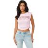 True Religion Women’s Crystal Side Ruch Short Sleeve Baby Top – Cropped Ruched Tee(Cherry Blossom)