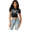 True Religion Women’s Heritage Logo Baby Tee – Cropped Fit, Crew Neck, Faded World Tour Buddha Logo(Jet Black)