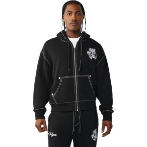 True Religion Men’s TR Crest Big T Boxy Zip Up – Cotton Blend, Hooded Zip Design
