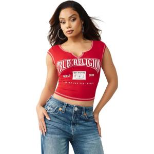 True Religion Women’s Buddha V Notch Baby Tee – Cropped Ribbed Knit Top with Puff Print Logo & Cap Sleeves(Salsa)