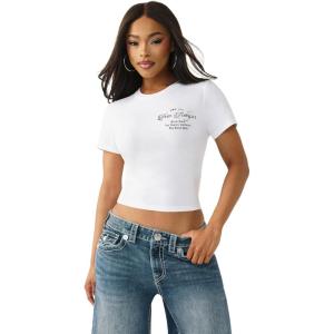 True Religion Women’s Crystal Buddha Baby Tee – Cropped Cotton Stretch T-Shirt with Rhinestone Back Logo(Optic White)