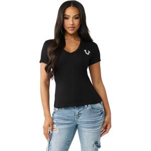 True Religion Women’s Crystal Buddha V Tee – Slim Fit V-Neck, Rhinestone Logo, Soft 100% Cotton Short Sleeve Top(Jet Black)