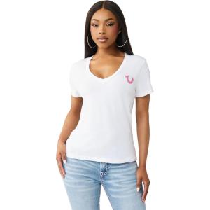 True Religion Women’s Crystal Buddha V Tee – Slim Fit V-Neck, Rhinestone Logo, Soft 100% Cotton Short Sleeve Top(Optic White)